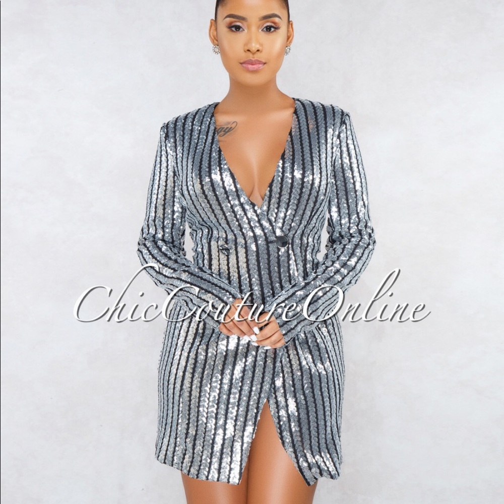 Silver Sequin Blazer Mini Dress